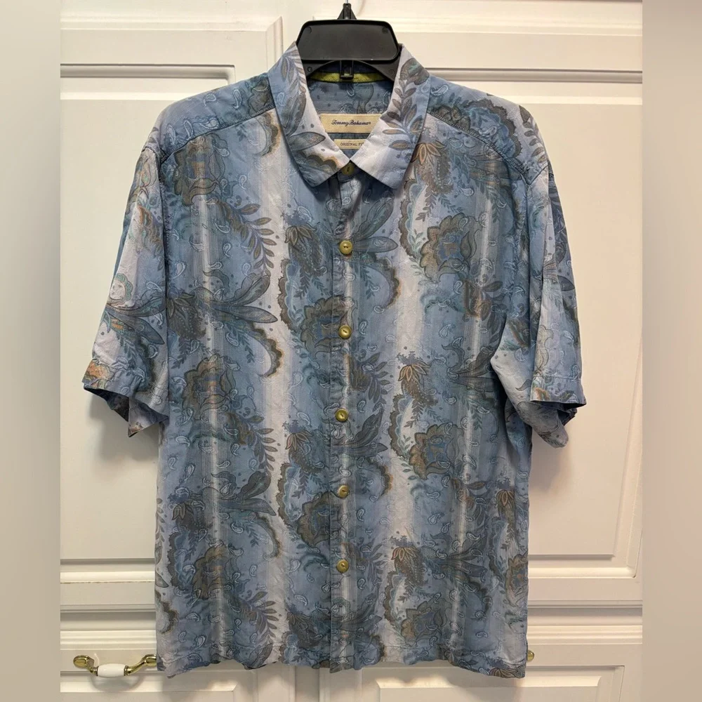 Tommy Bahama Blue Tropical Short Sleeve Silk Original Fit Shirt Men Size Large